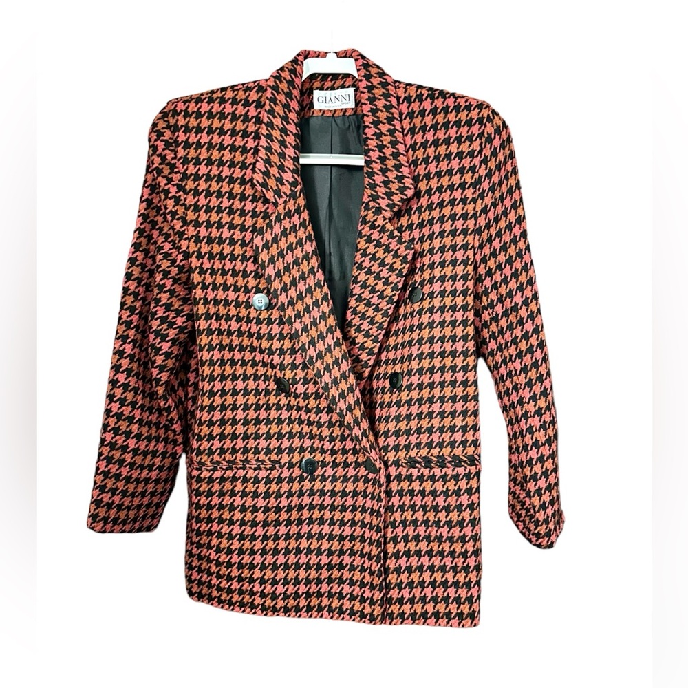 Gianni Vintage Wool Blend Houndstooth Double Breasted Blazer